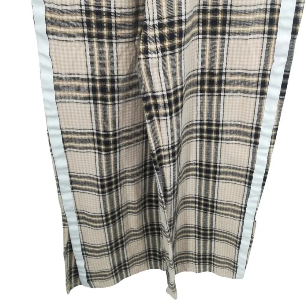 Maniere De Voir Plaid Flannel Wide Leg Pull On Elastic Waist Pants Size 8 Beige